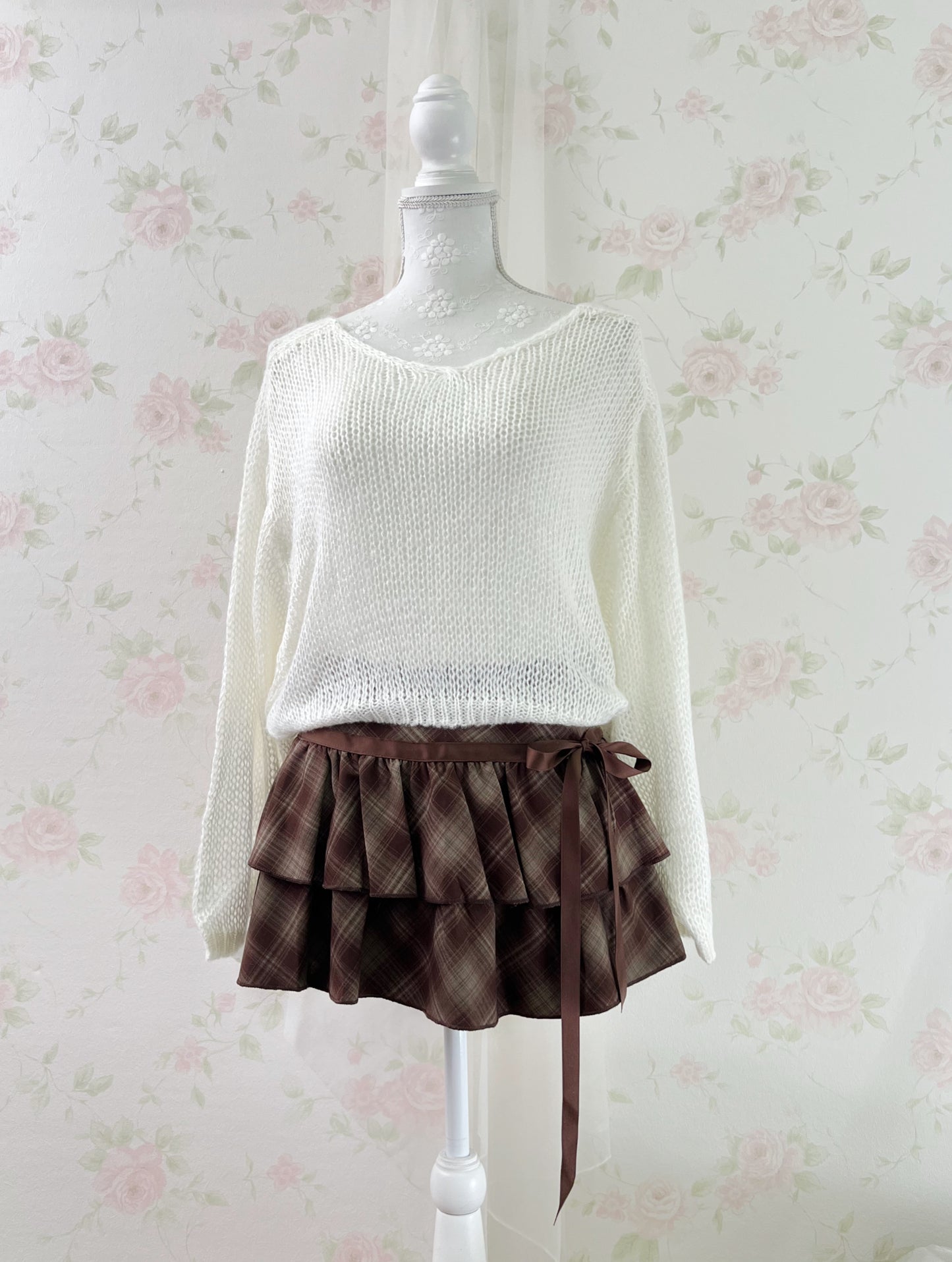 Side Bow Checked Shoujo Mini Skirt (Brown)