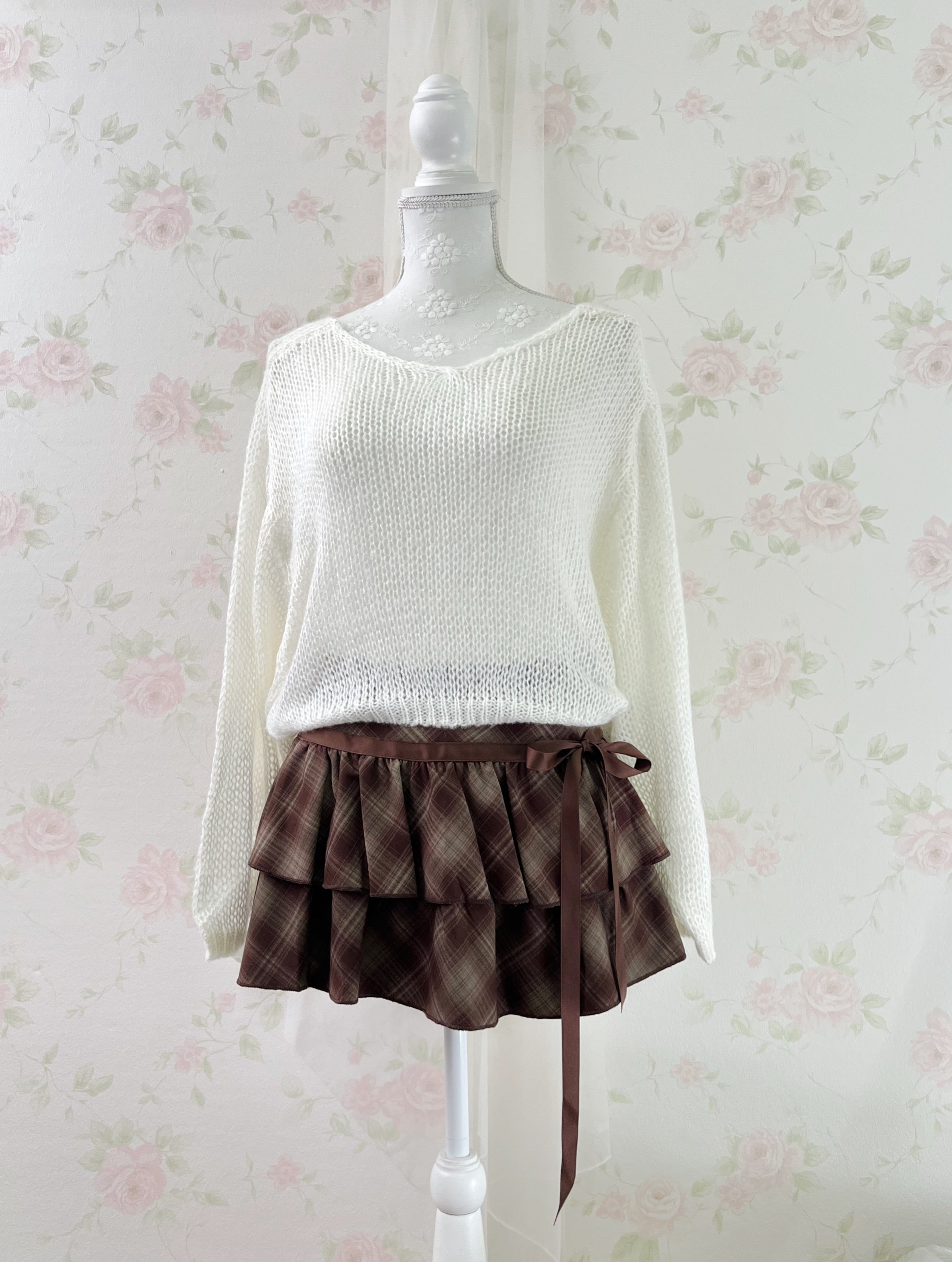 Side Bow Checked Shoujo Mini Skirt (Brown) S,M,L
