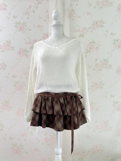 Side Bow Checked Shoujo Mini Skirt (Brown)