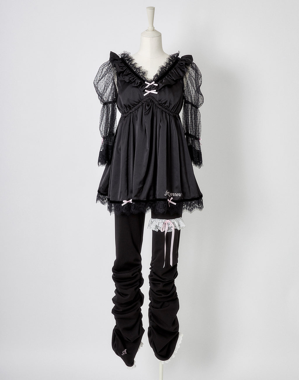 AVENCHUMU Dot tulle & ribbon satin babydoll