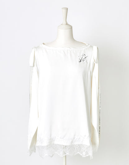 (Deliver In Late October) AVENCHUMU Open shoulder ribbon printed satin top