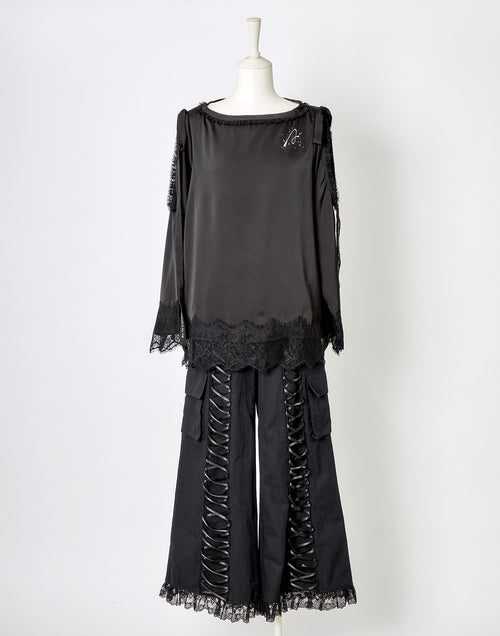 (Deliver In Late October) AVENCHUMU Open shoulder ribbon printed satin top