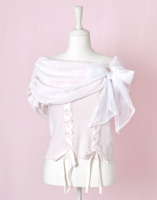 <March Delivery> mellfy memory Melty tulle off-shoulder Top