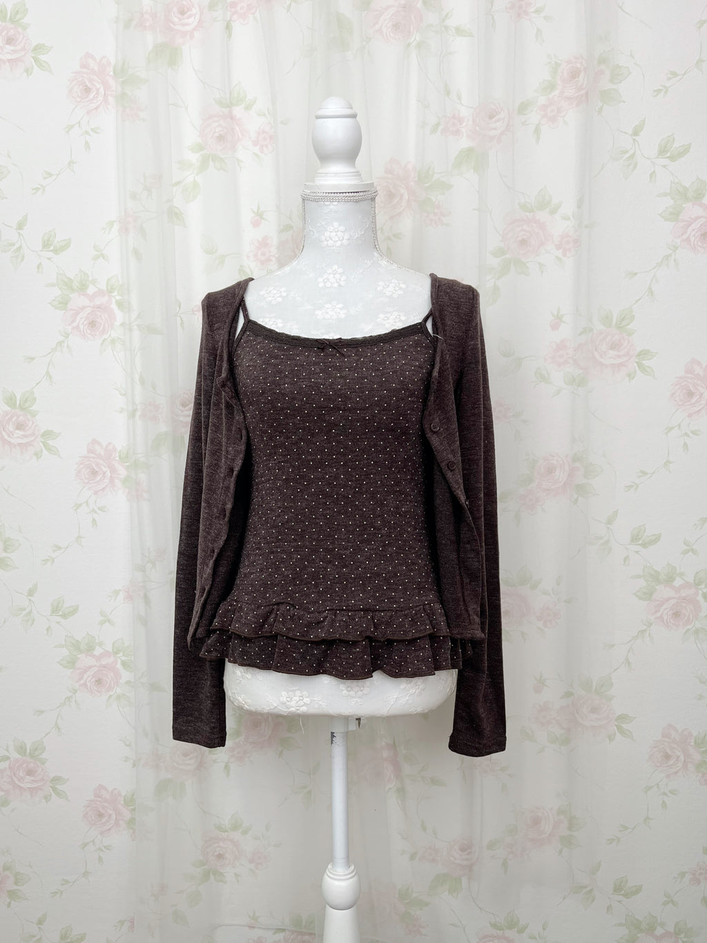 Polka Dot Cardigan Camisole Set (Chocolate)