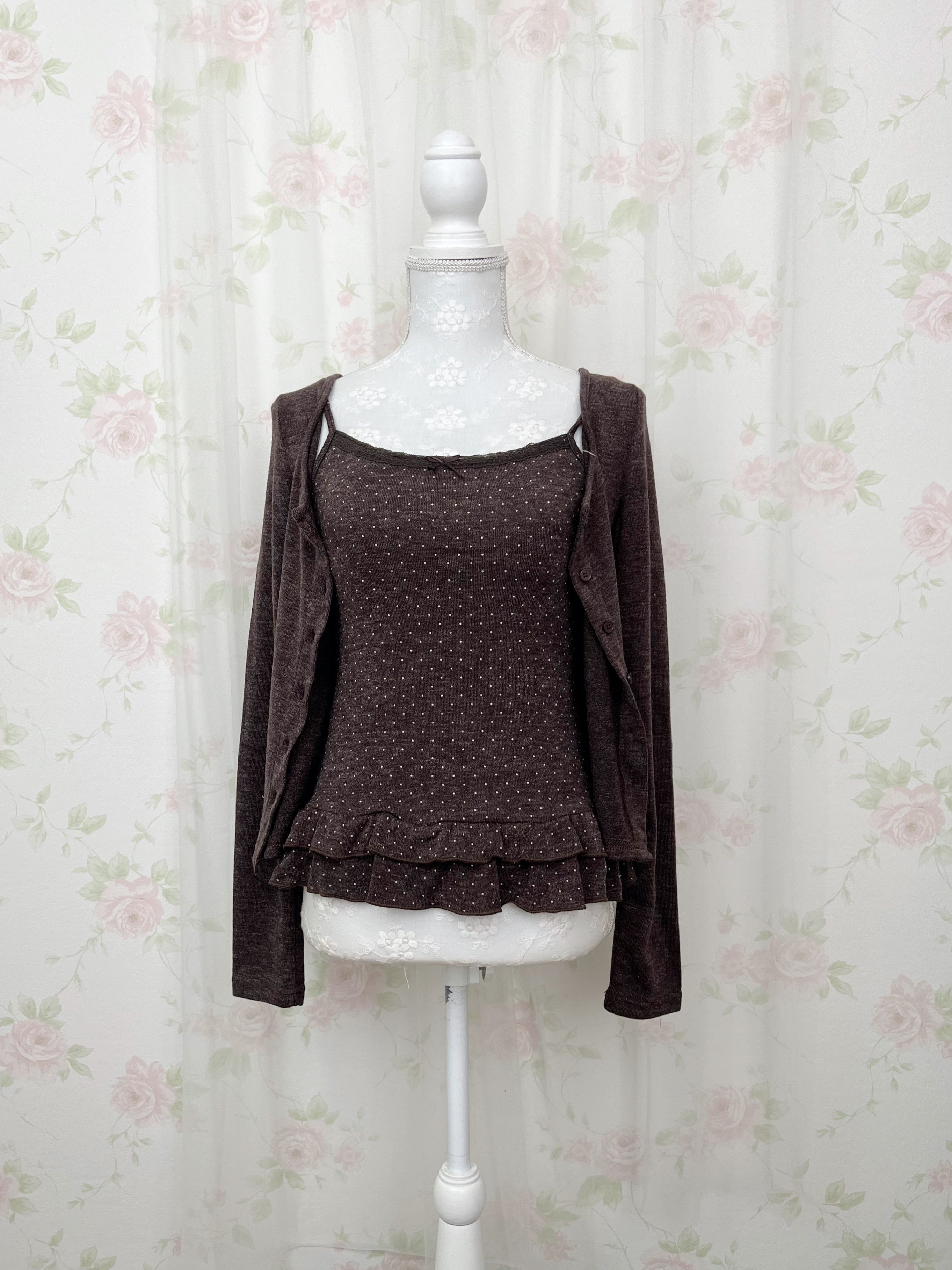 Polka Dot Cardigan Camisole Set (Chocolate)