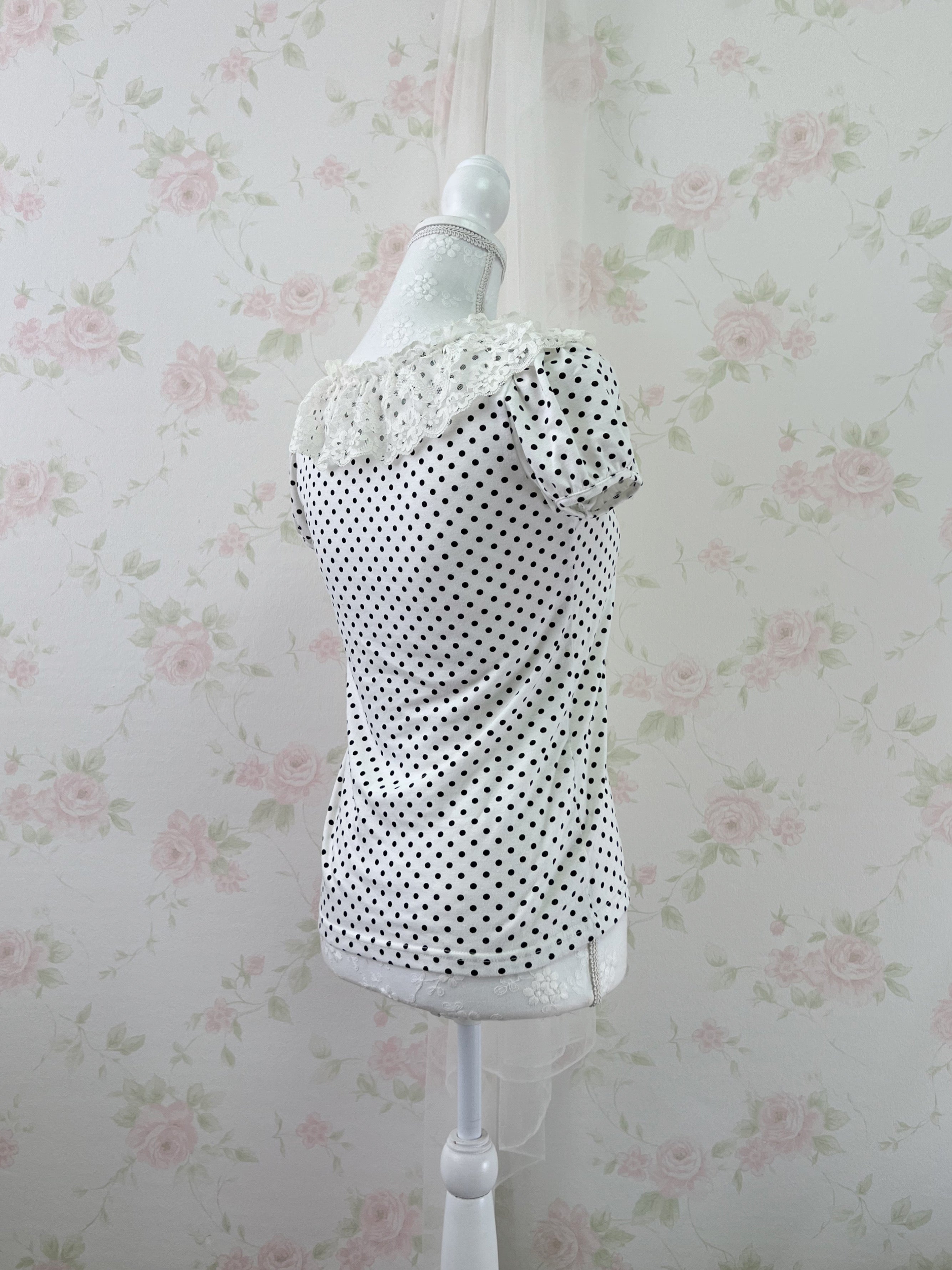 L'EST ROSE Lace Collar Polka Dot T-Shirt
