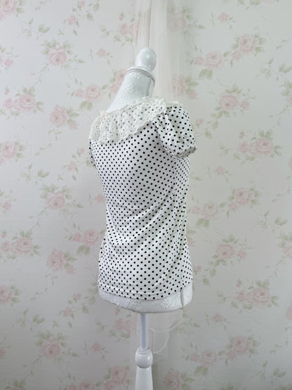 L'EST ROSE Lace Collar Polka Dot T-Shirt