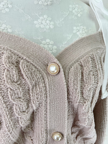 Velvet Shoulder Bow Sweater (Strawberry Milk Tea)