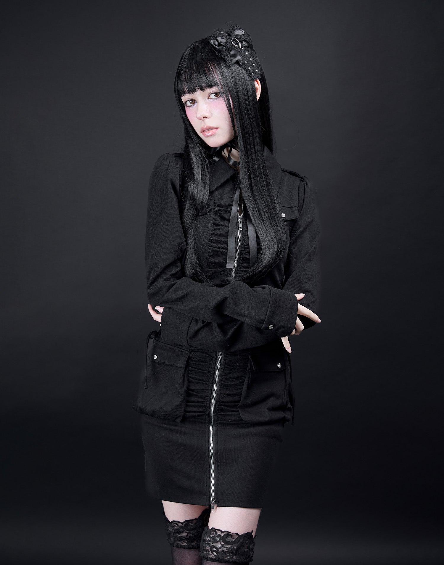 AVENCHUMU Zip-up shirt collar shirring one-piece