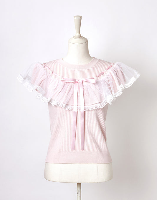 <April Delivery> mellfy memory Angelic tulle & ribbon Knit Top