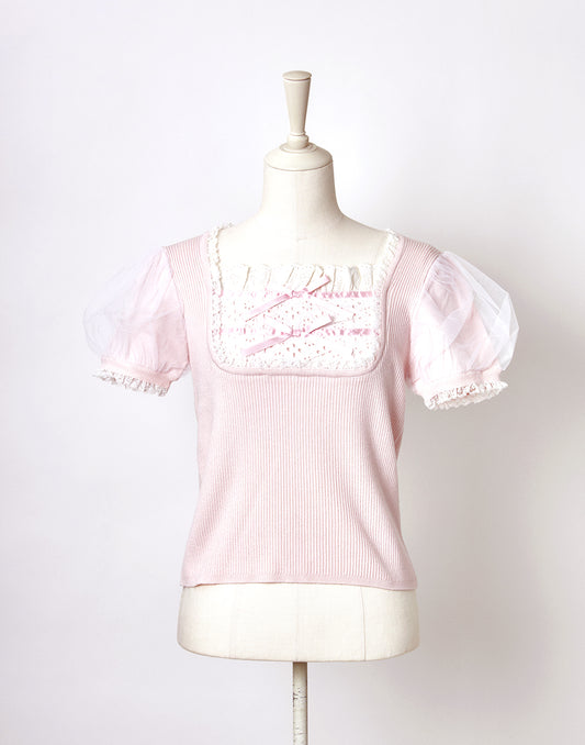 <April Delivery> mellfy memory Cotton lace cute twin ribbon Top