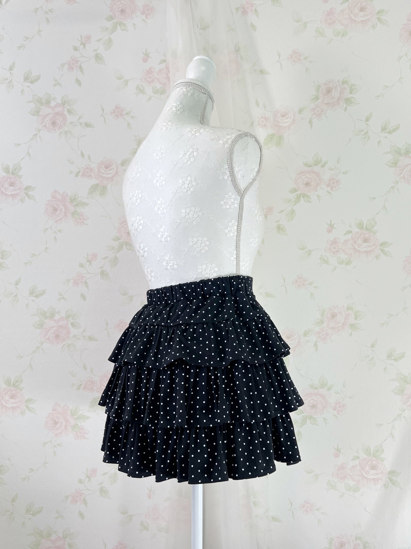 Polka Dot Tiered Skirt (Black)