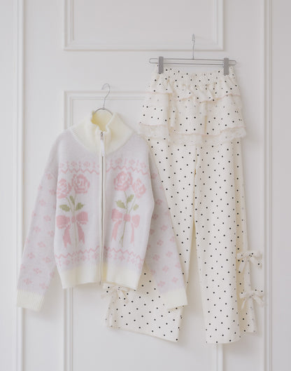 Lolime ribbon & floral cowichan knit zip up
