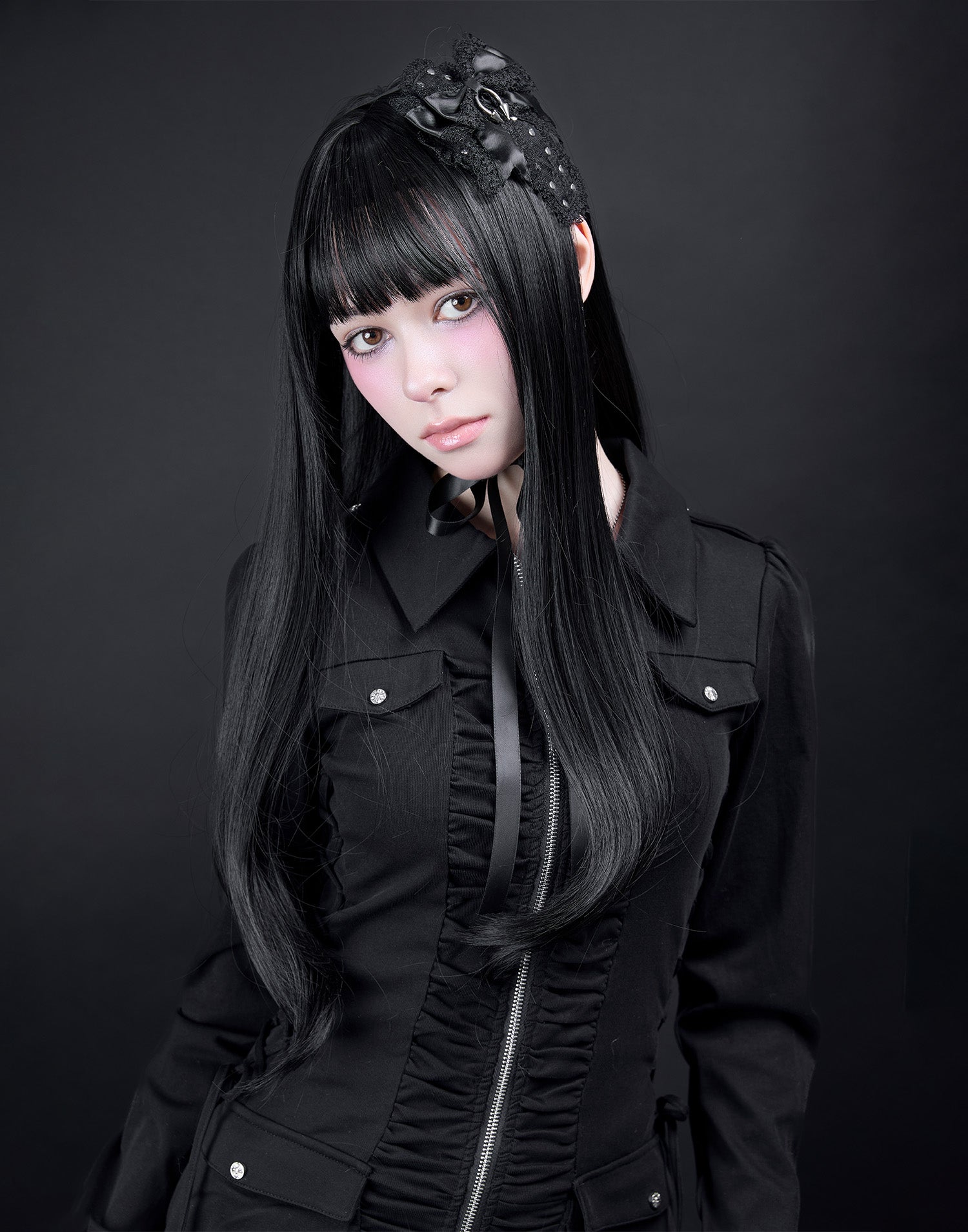 AVENCHUMU Zip-up shirt collar shirring one-piece