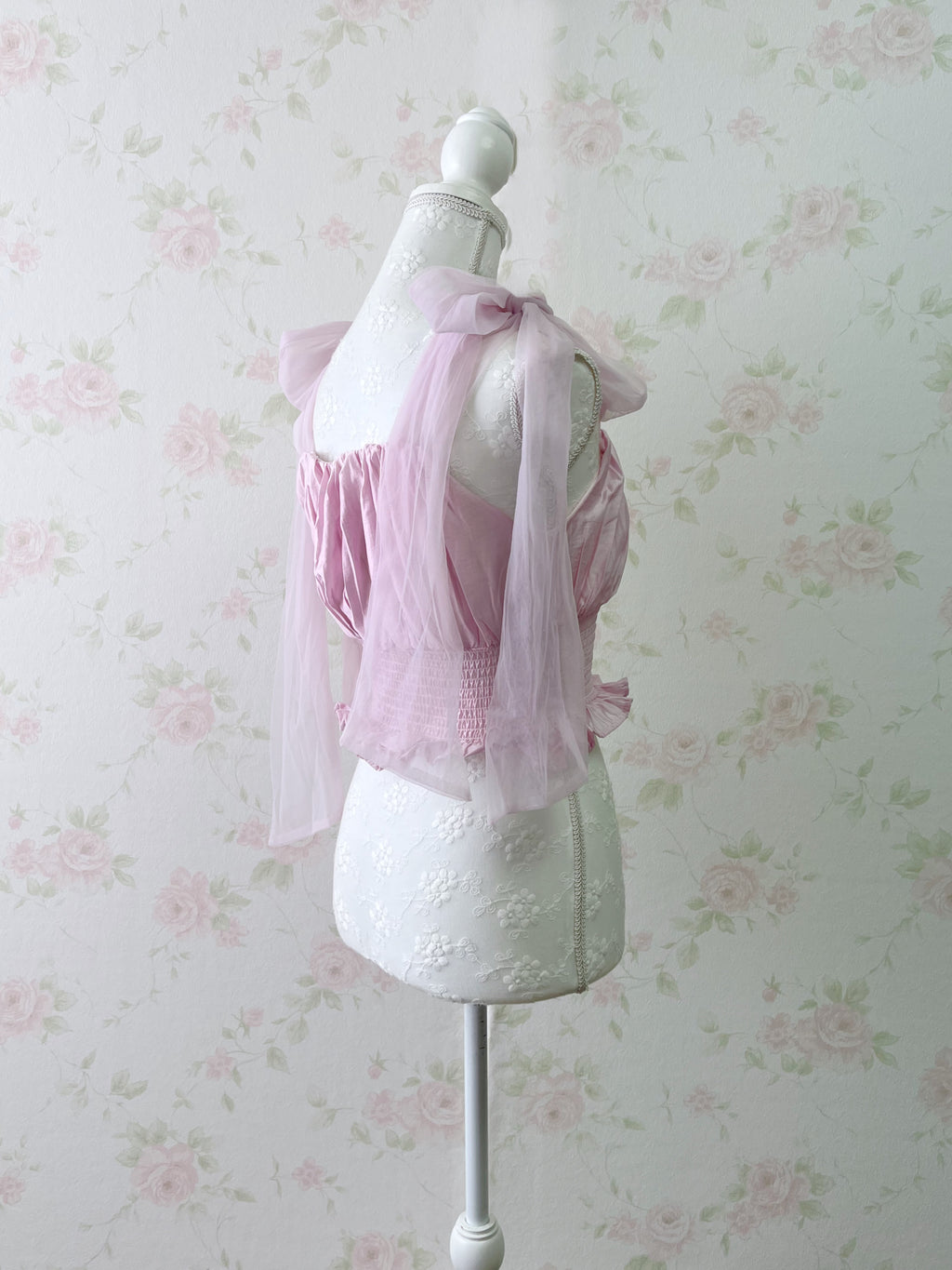 Chiffon Shoulder Bow Silky Top (Pink)