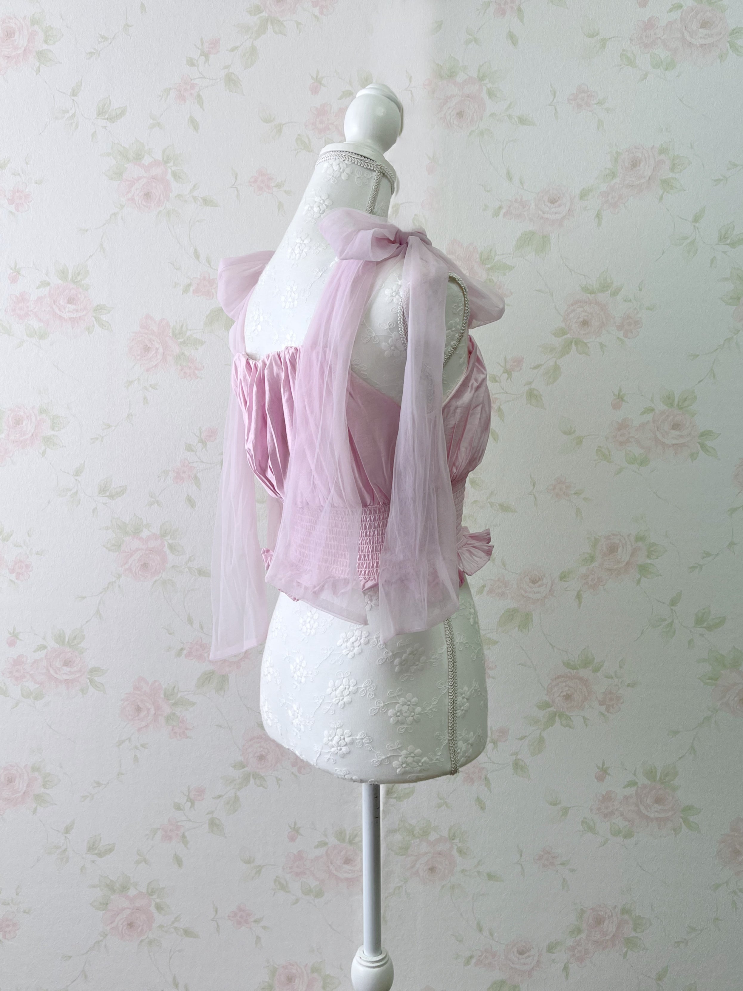 Chiffon Shoulder Bow Silky Top (Pink)