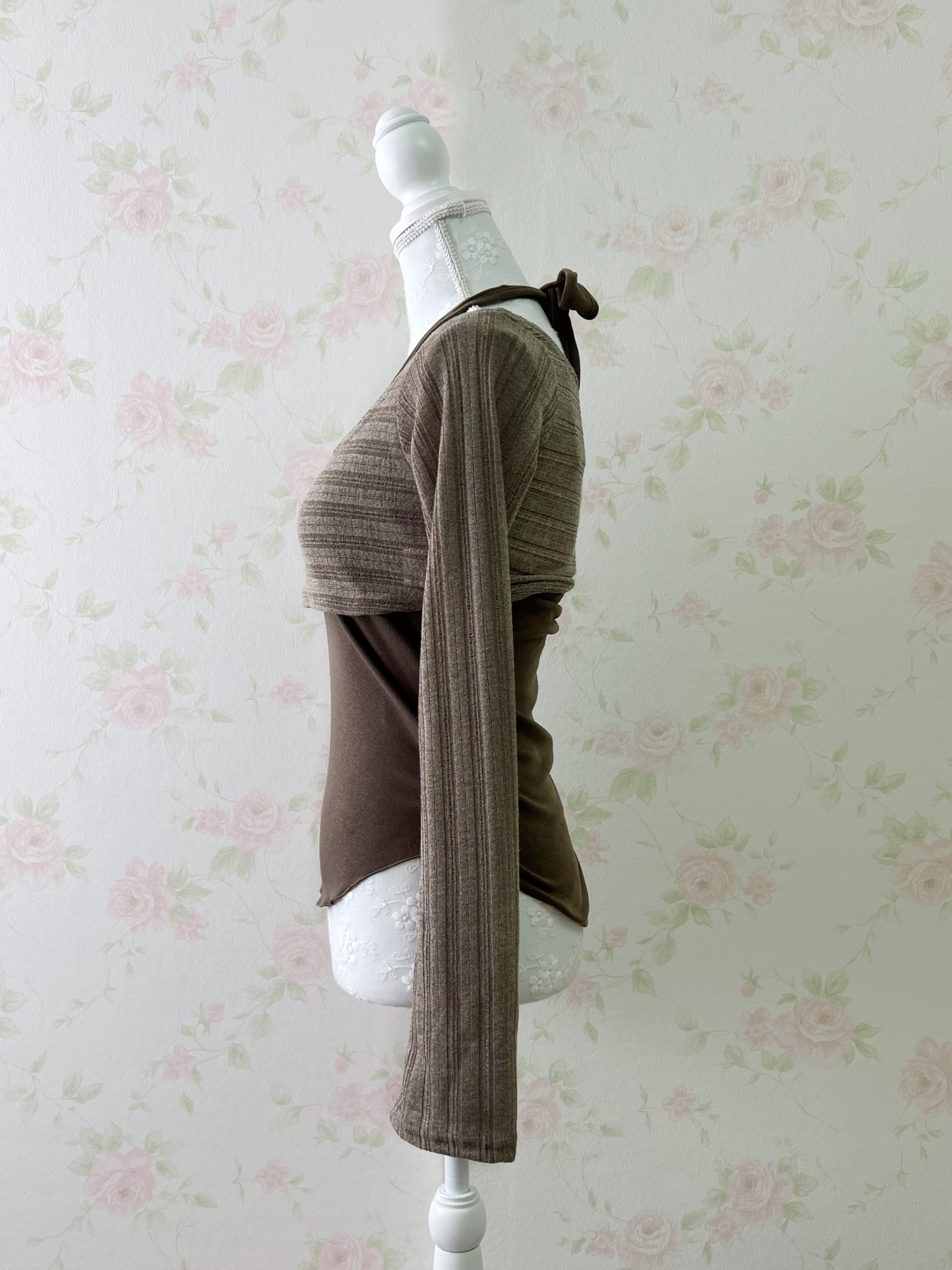 Wide Sleeve Top & Tank Top Set (Brown)