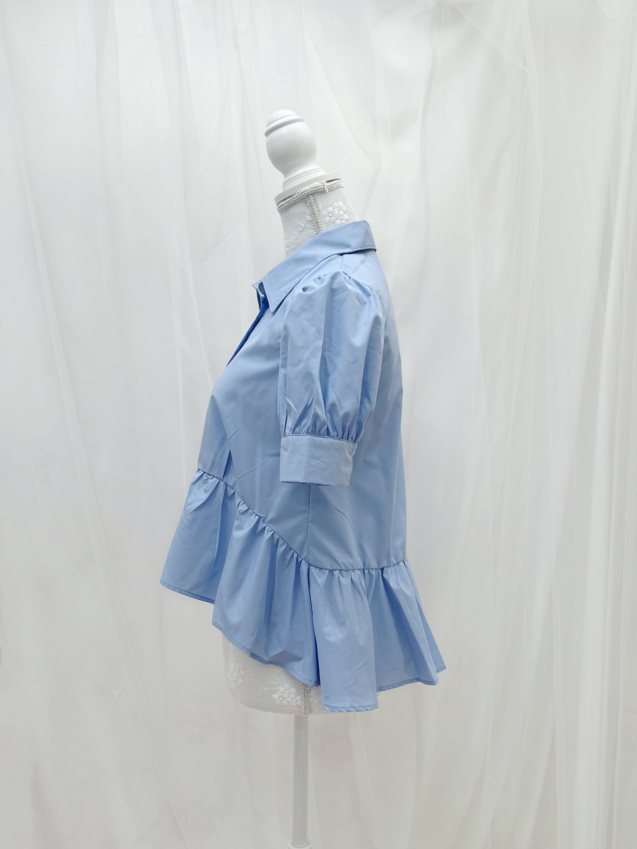 Peplum Puff Sleeved Blouse (Blue)