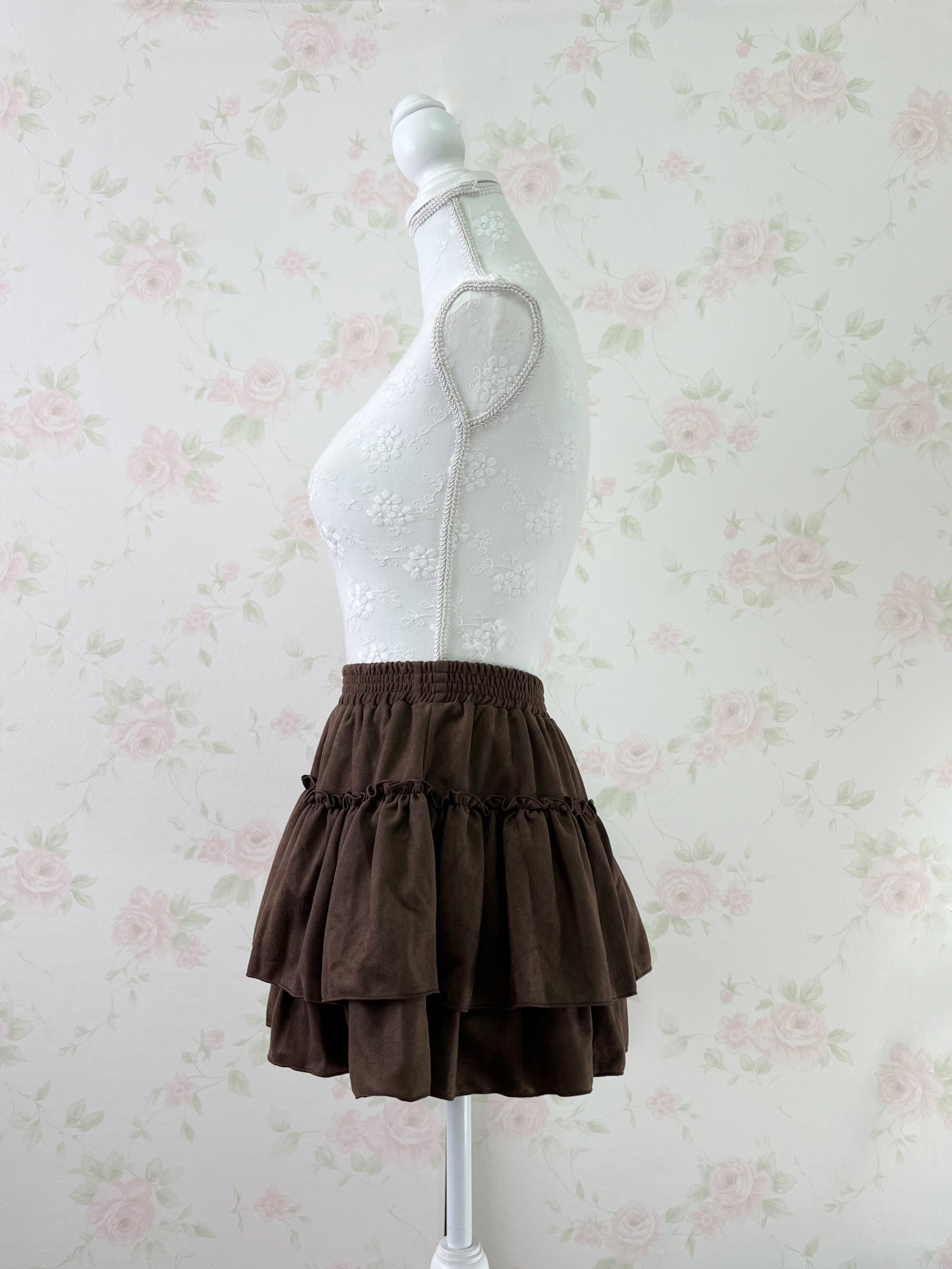 Suede Tiered Skirt (Brown)