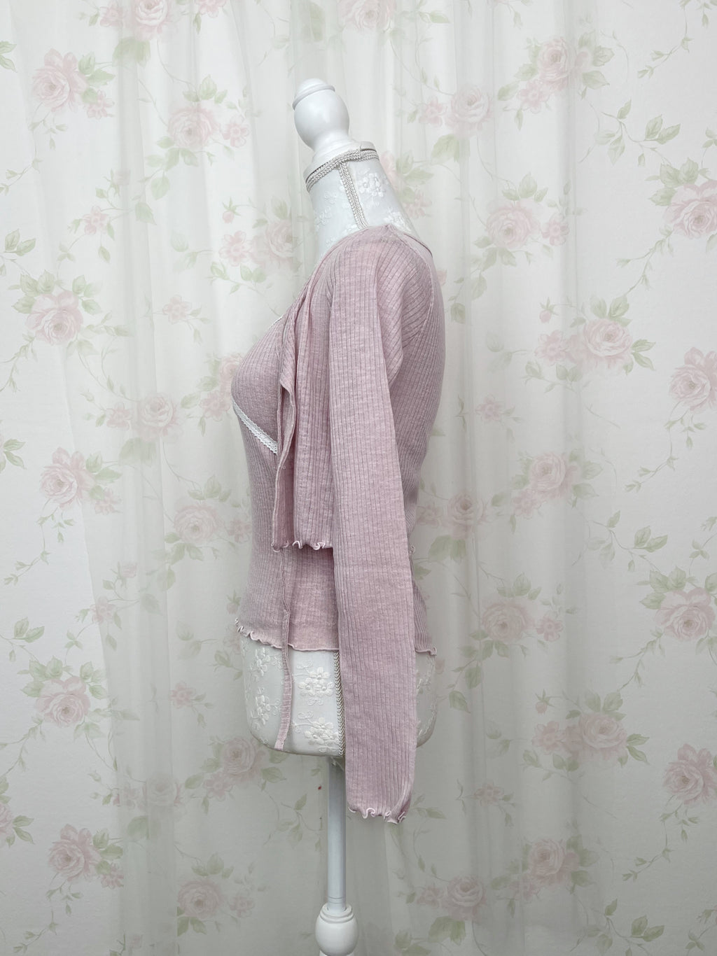 Lace Framed Camisole &Cardigan Set (Pink)