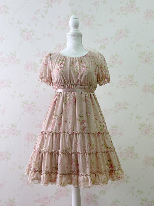 L’EST ROSE Princess Puff Sleeved Chiffon Dress (Pink)
