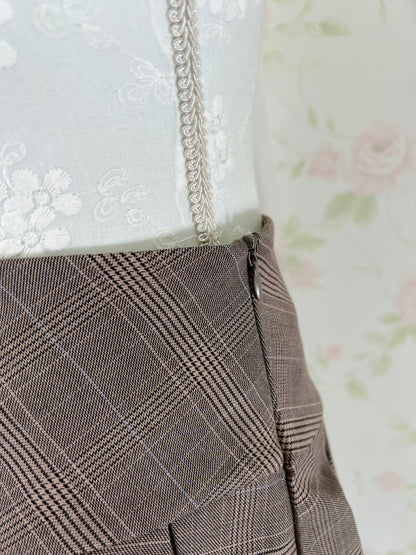 GRL Double Button Checked Pleated Skirt (Brown)