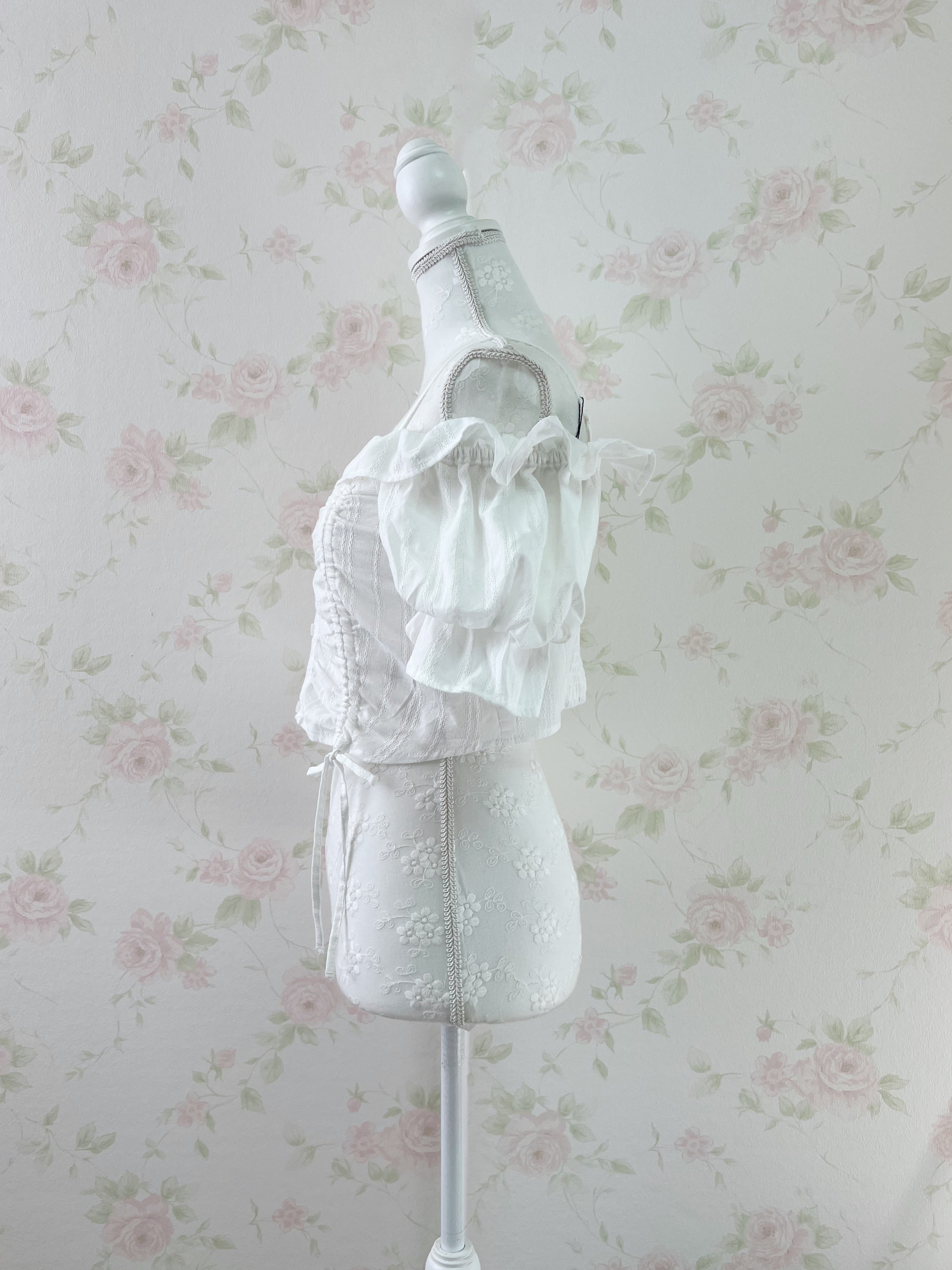 Puff Sleeve Off Shoulder Cotton Blouse (White)