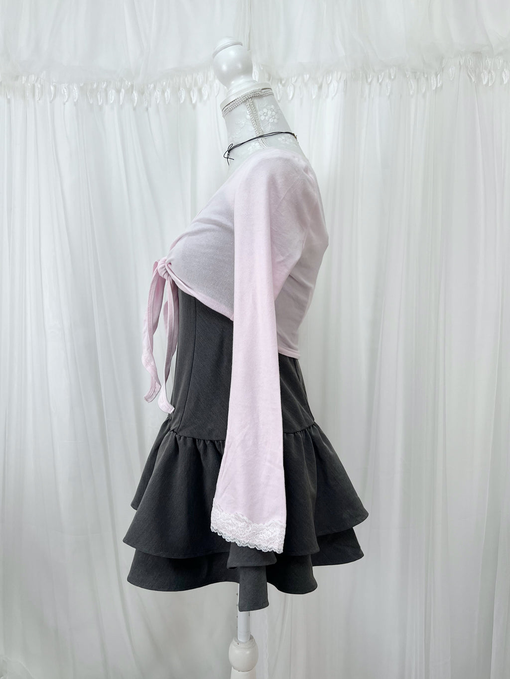 MultiPal Store Original Front Tie Cardigan With Lace (Pink)