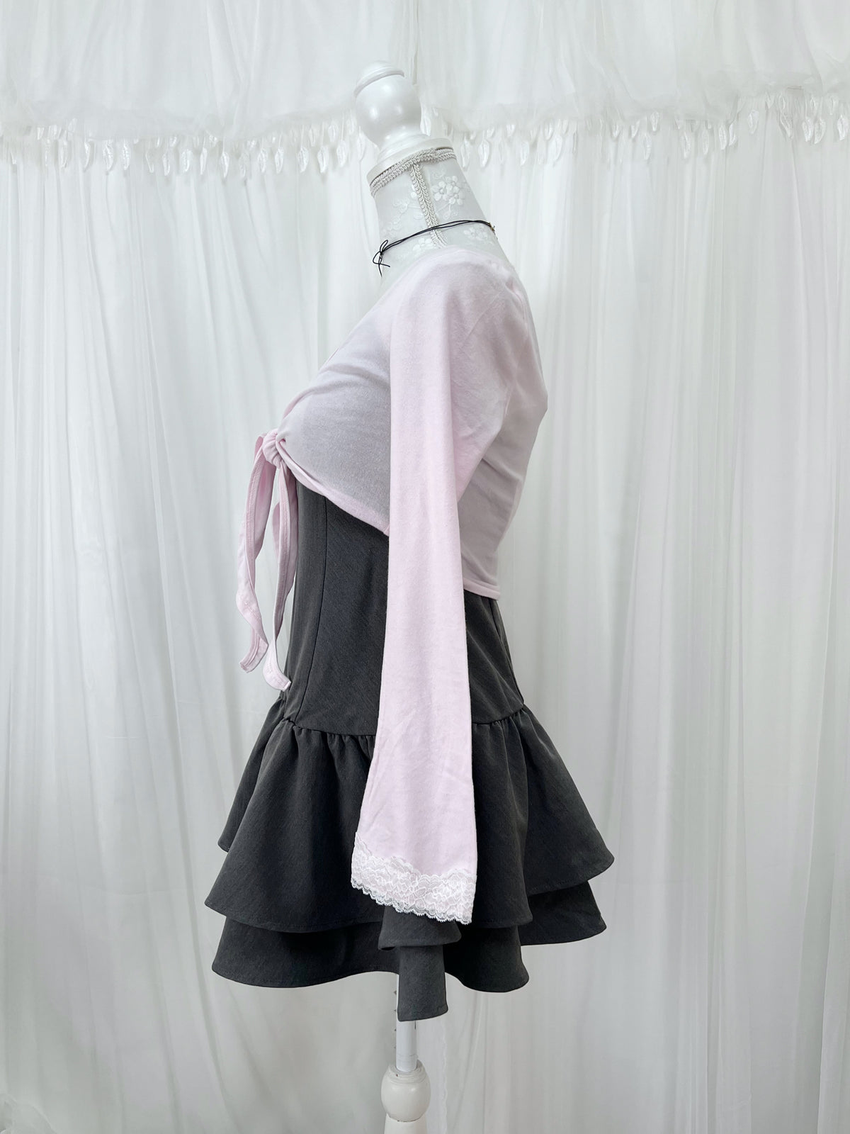 MultiPal Store Original Front Tie Cardigan With Lace (Pink)