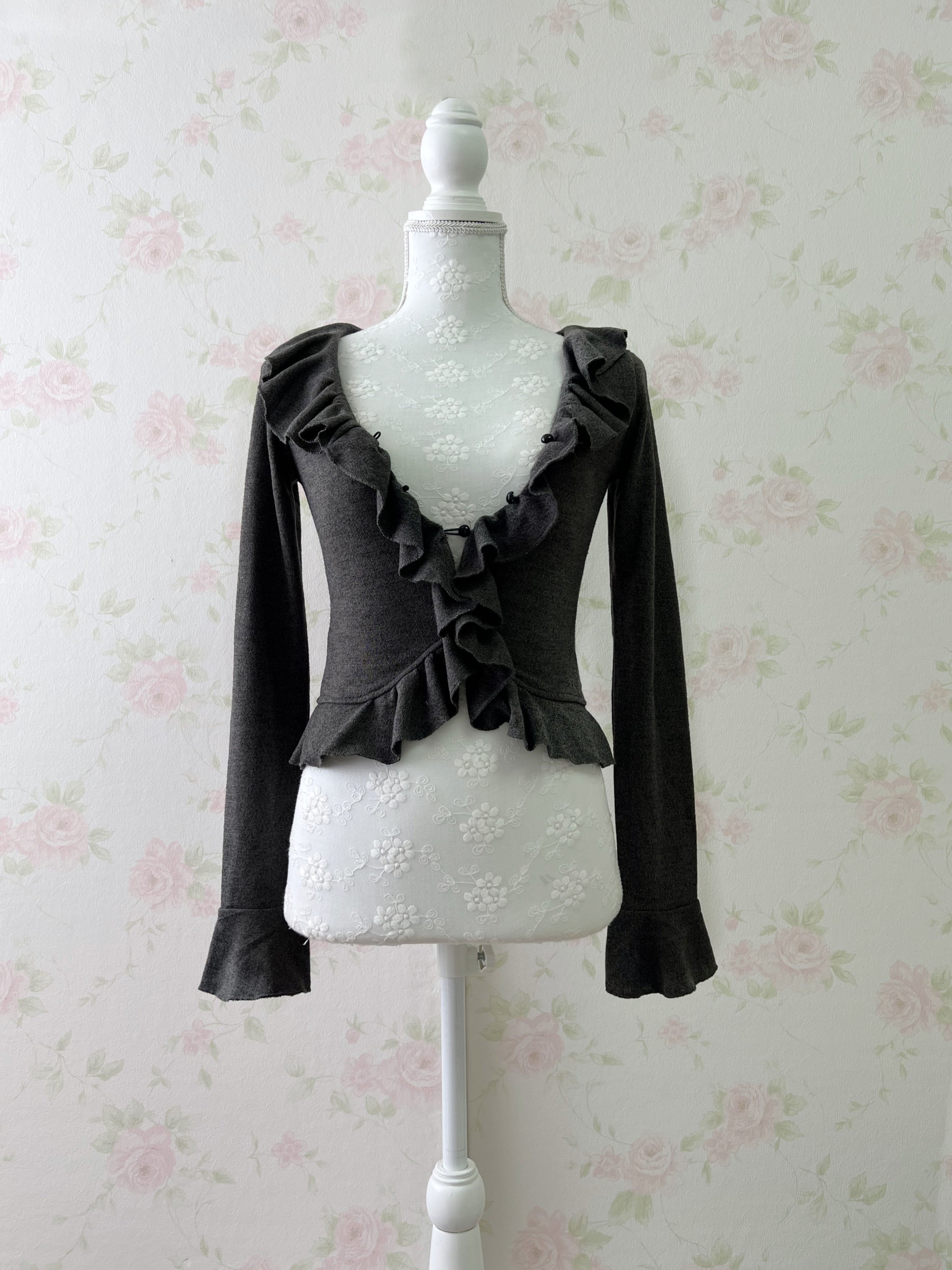 Ruffled V Neck Cardigan (Dark Gray)
