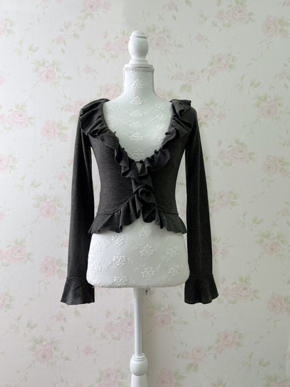 GRL Ruffled V Neck Cardigan (Dark Gray)