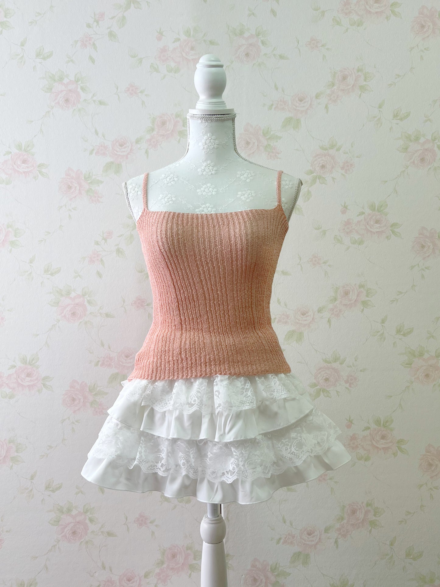 GRL Side String Knit Top Camisole Set (Peach Pink)