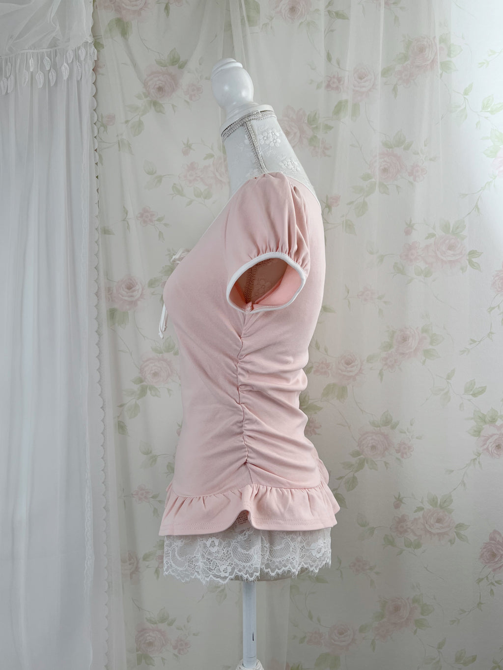 Frilled Lace Hem T-Shirt (Pink)