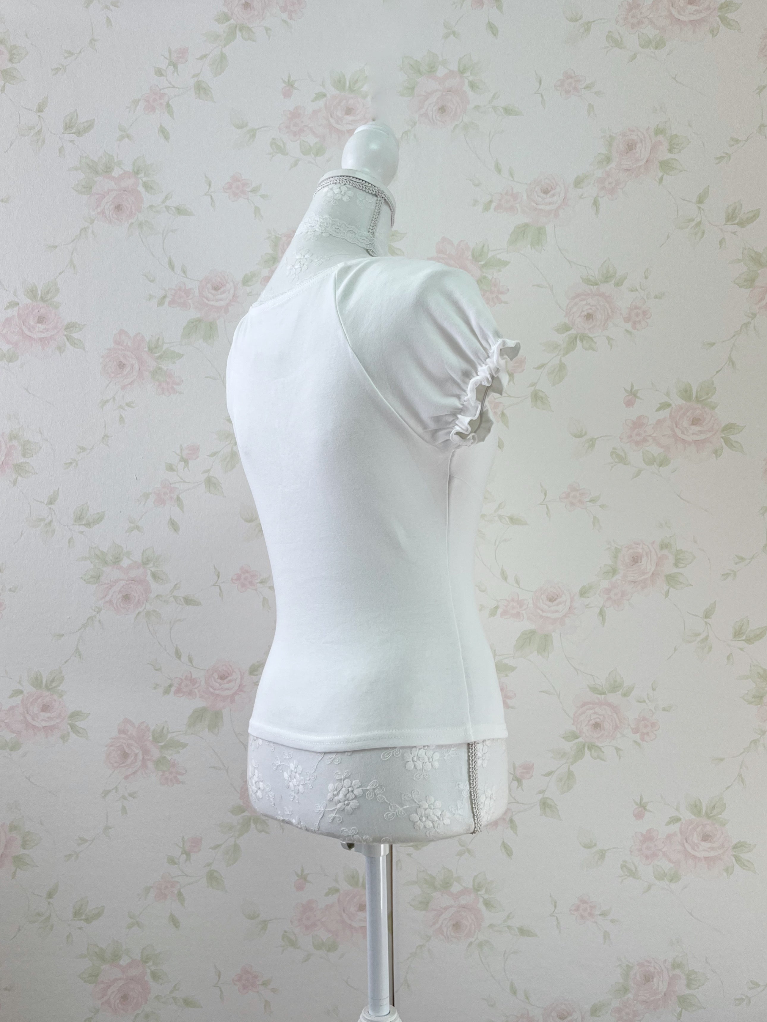 Lace Choker Girly Cotton T-Shirt  (White)