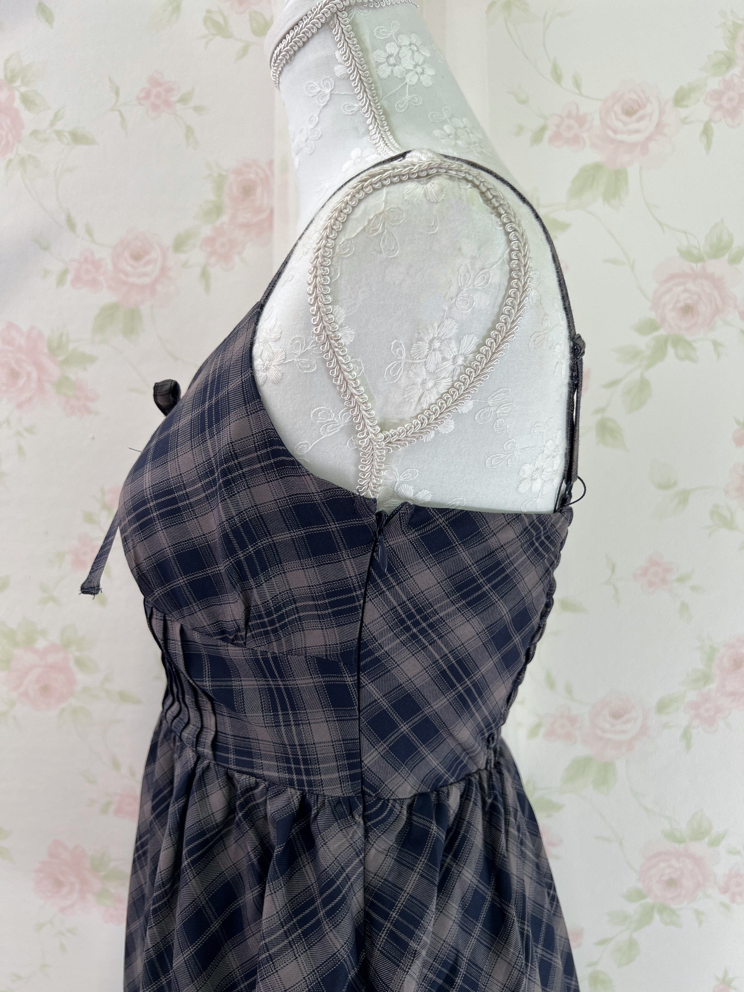 Corset Camisole Checked Dress (Navy)