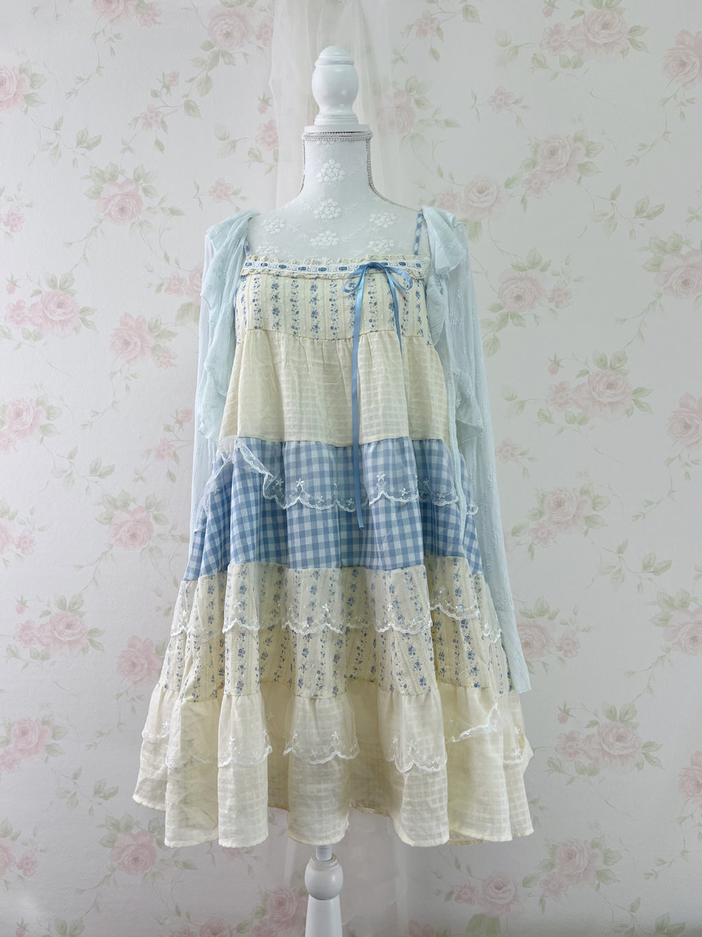 Lacy Front String Cardigan (Blue)