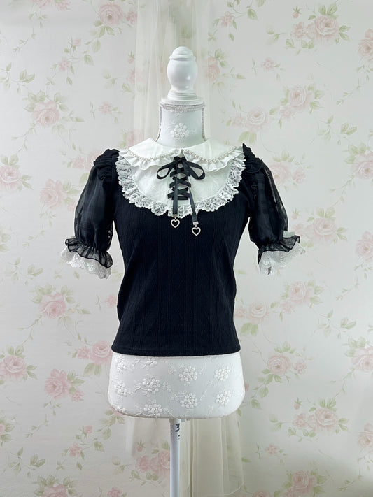 NOEMIE Crystal Heart Bow Lacy Collar Top (Black)