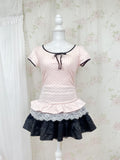 Polka dot Lace Ruffled Hem T-shirt (Pink)