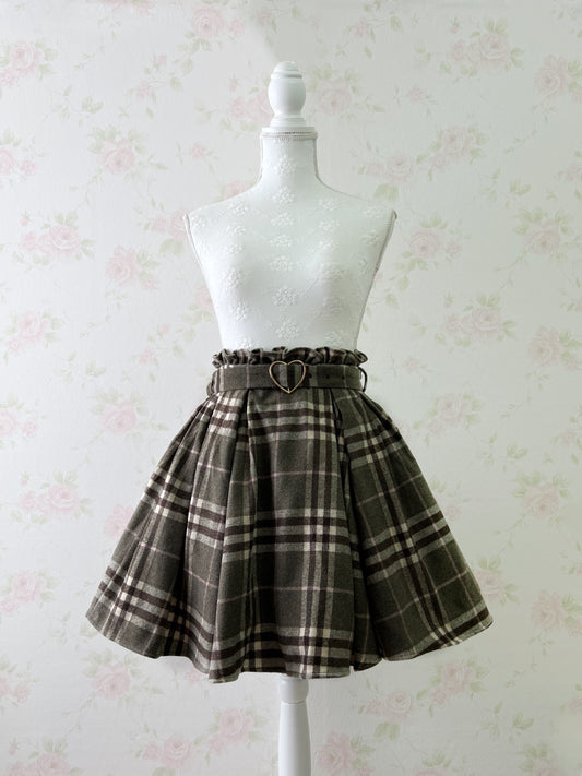 evelyn Heart Buckle Belt Checked Skirt (Brown)