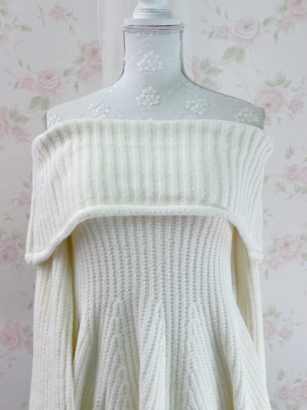 Off Shoulder Wide Sleeved Knit Top (Ivory)