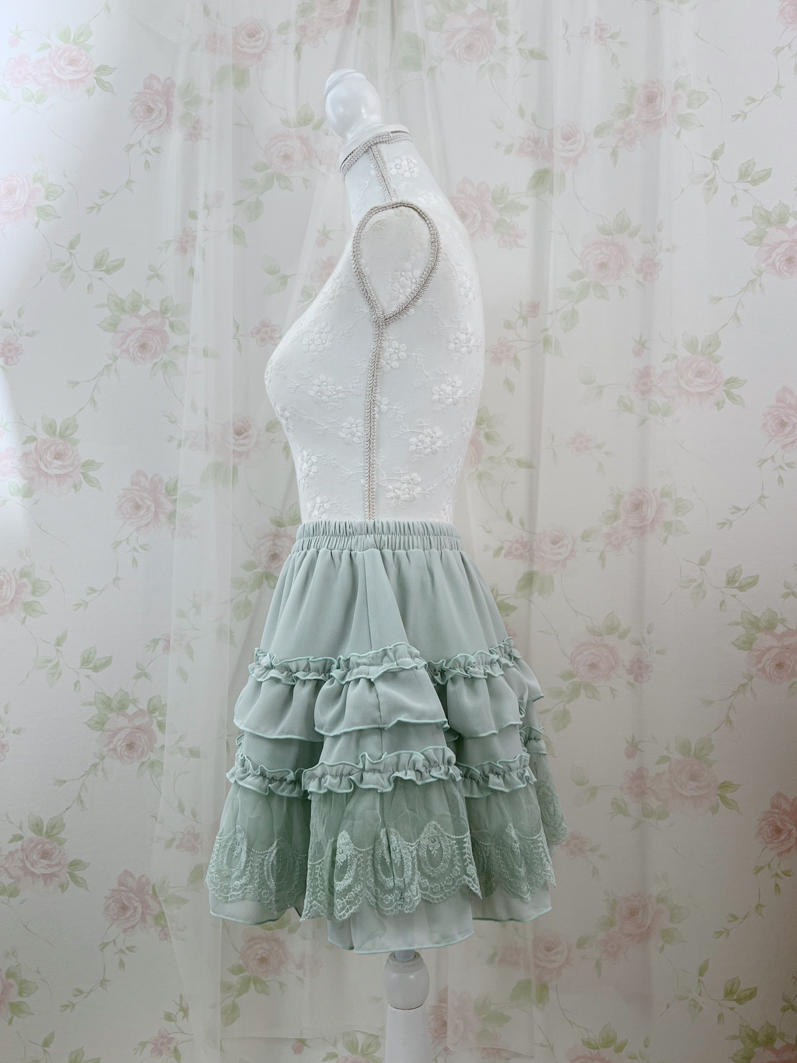 axes femme Lace Hem Chiffon Skirt (Mint Green)