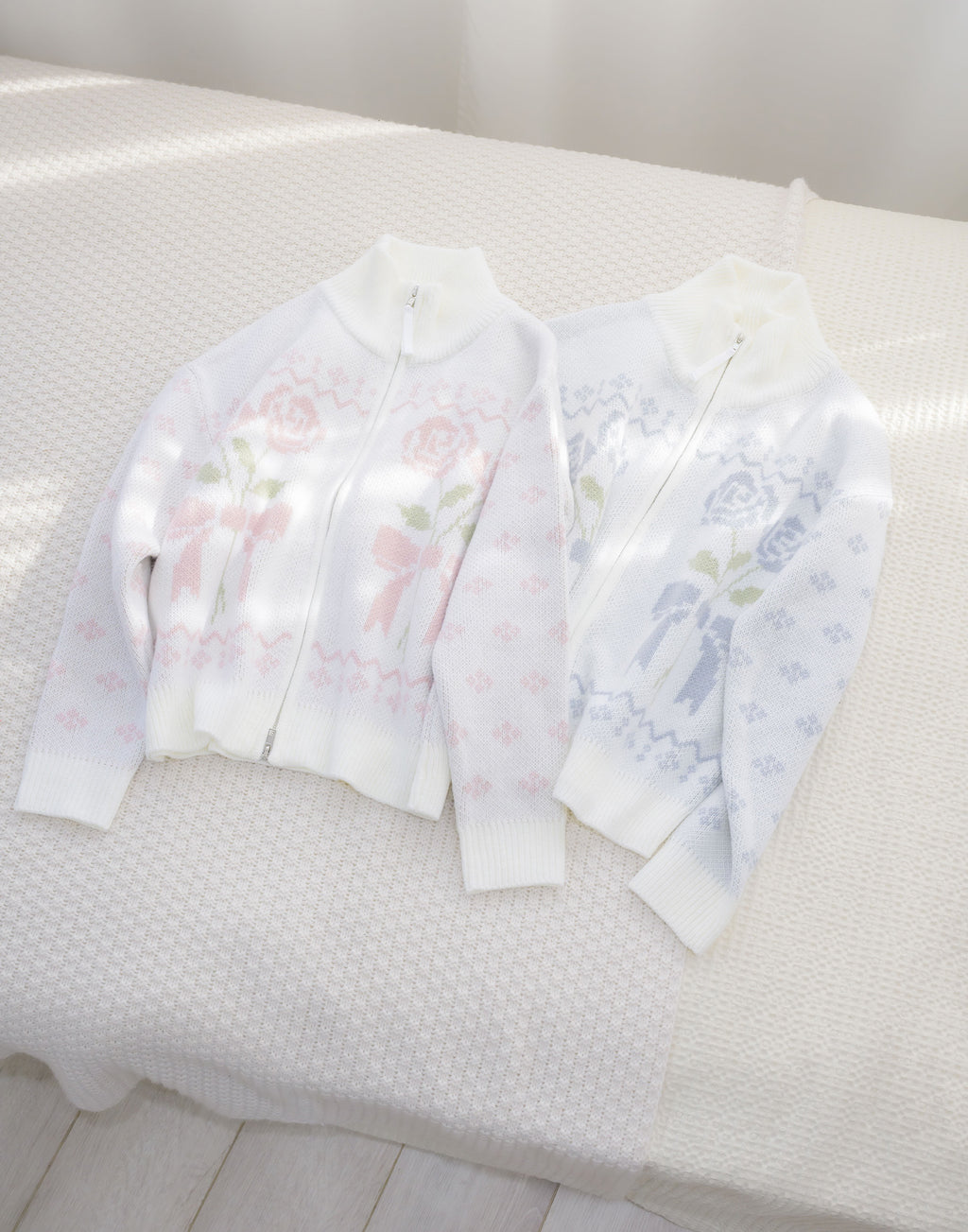 Lolime ribbon & floral cowichan knit zip up