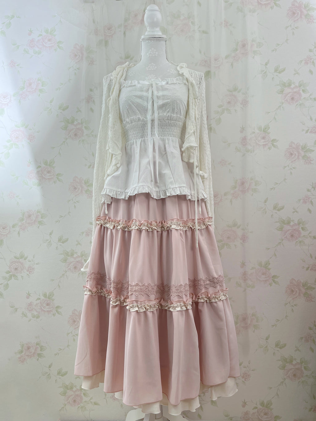 axes femme Shoujo Tiered Long Skirt (Pink)