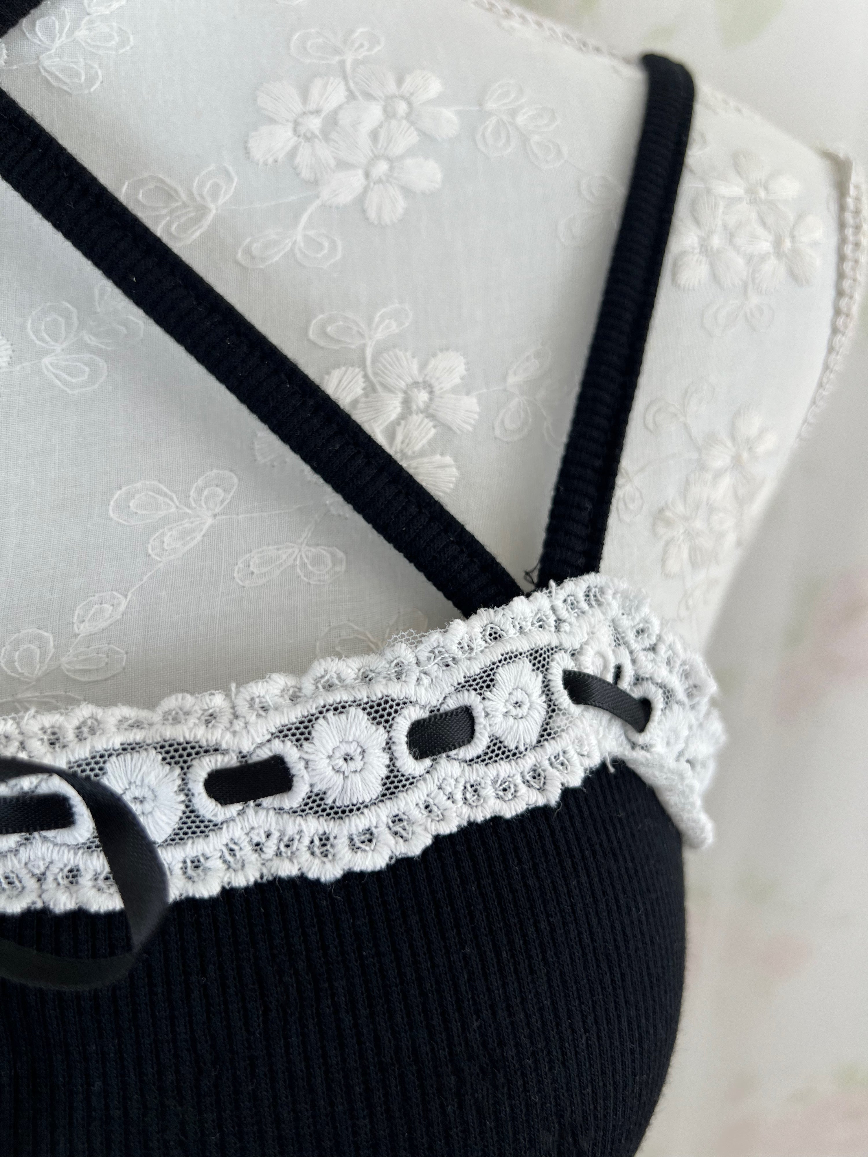 Cotton Lace Cross Neck Camisole (Black)