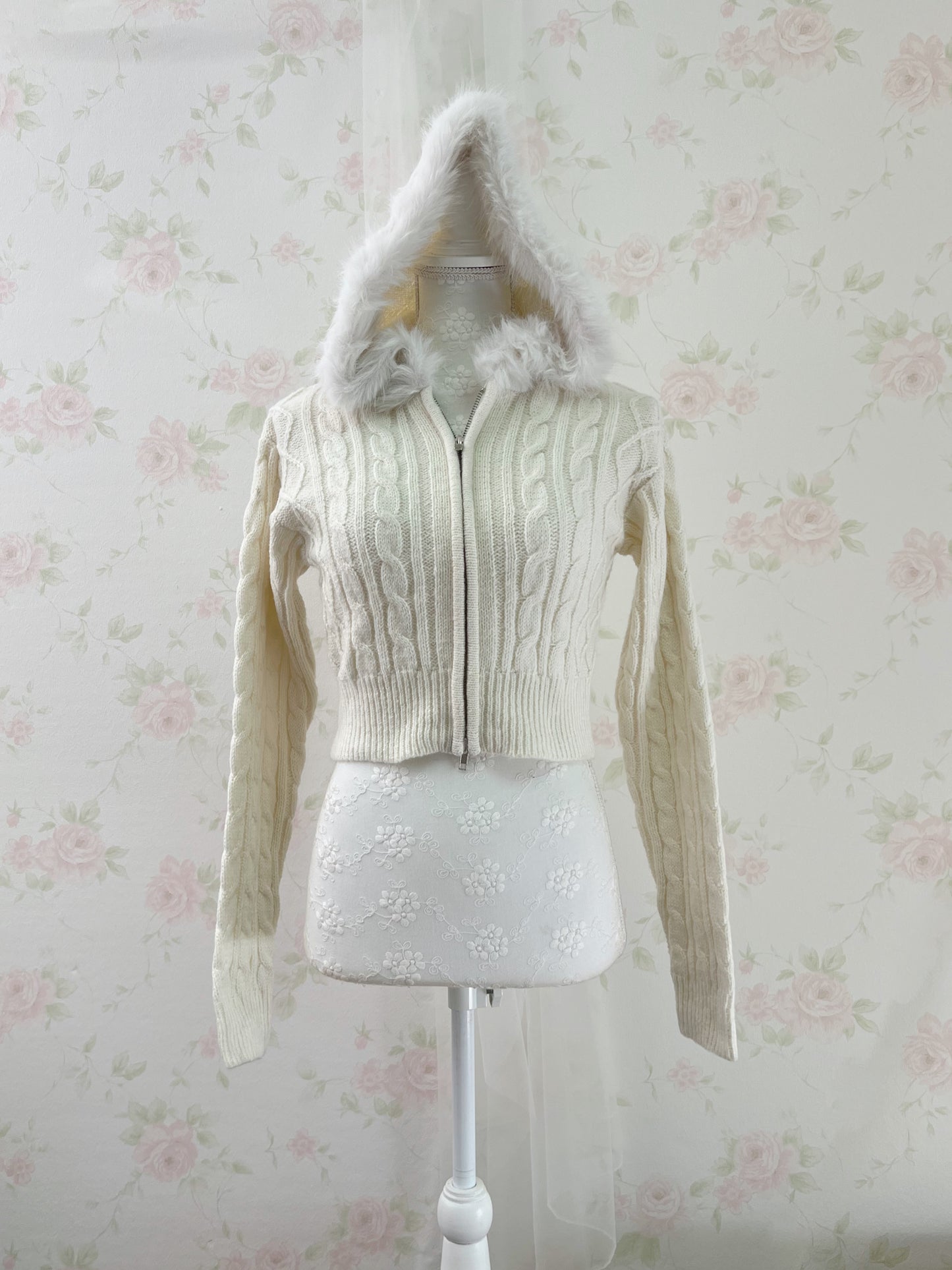 GRL Eco Fur Knitted Hoodie (Ivory)
