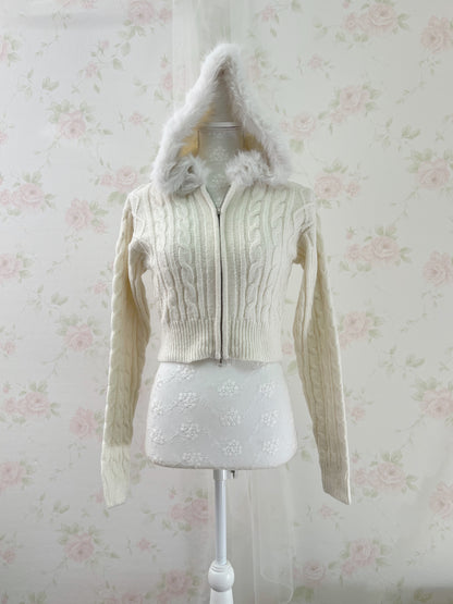 GRL Eco Fur Knitted Hoodie (Ivory)