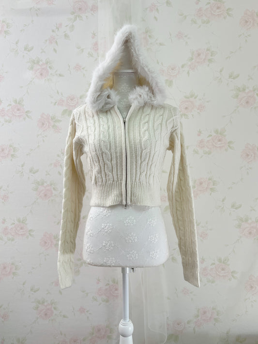 GRL Eco Fur Knitted Hoodie (Ivory)