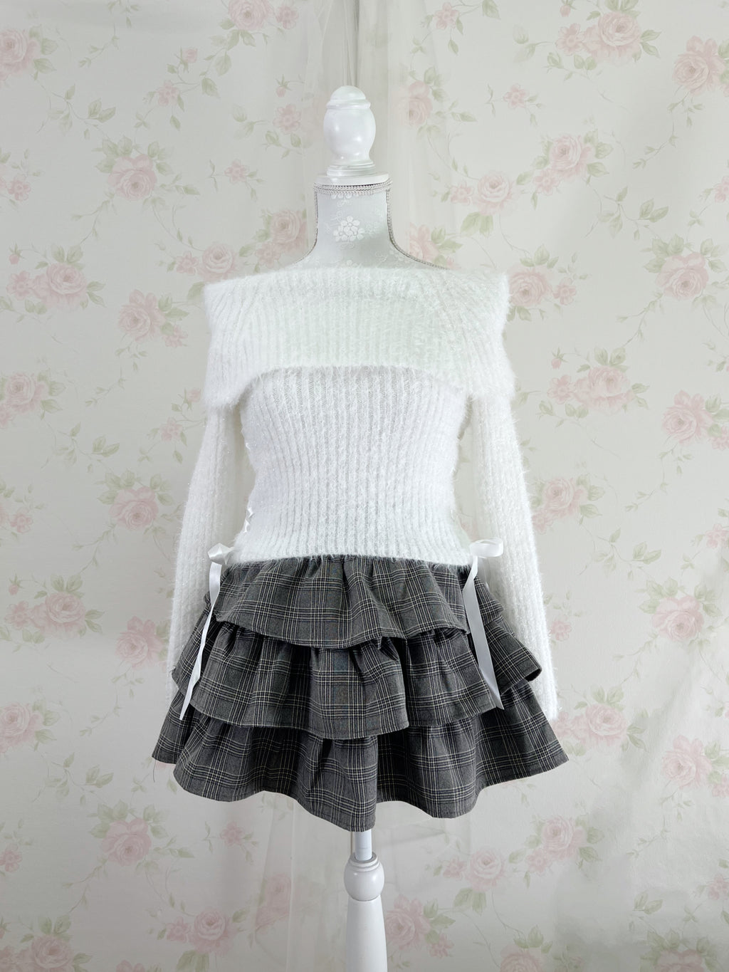 Sweet Tiered Checked Skirt (Gray)