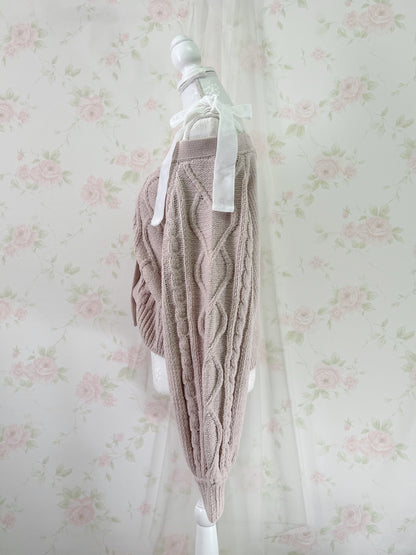 Velvet Shoulder Bow Sweater (Strawberry Milk Tea)