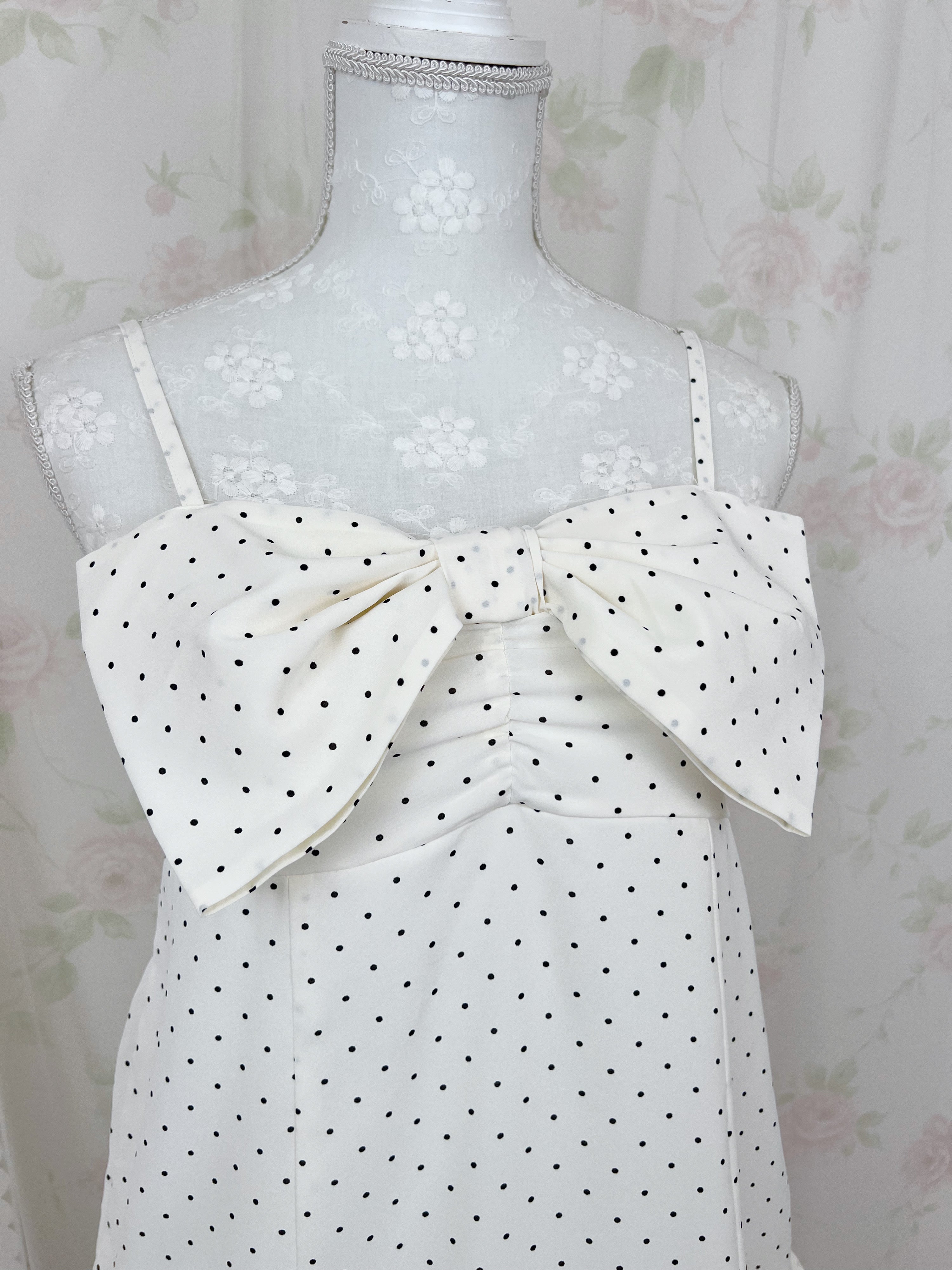 Polka Dot Big Bow Camisole Dress(Ivory)